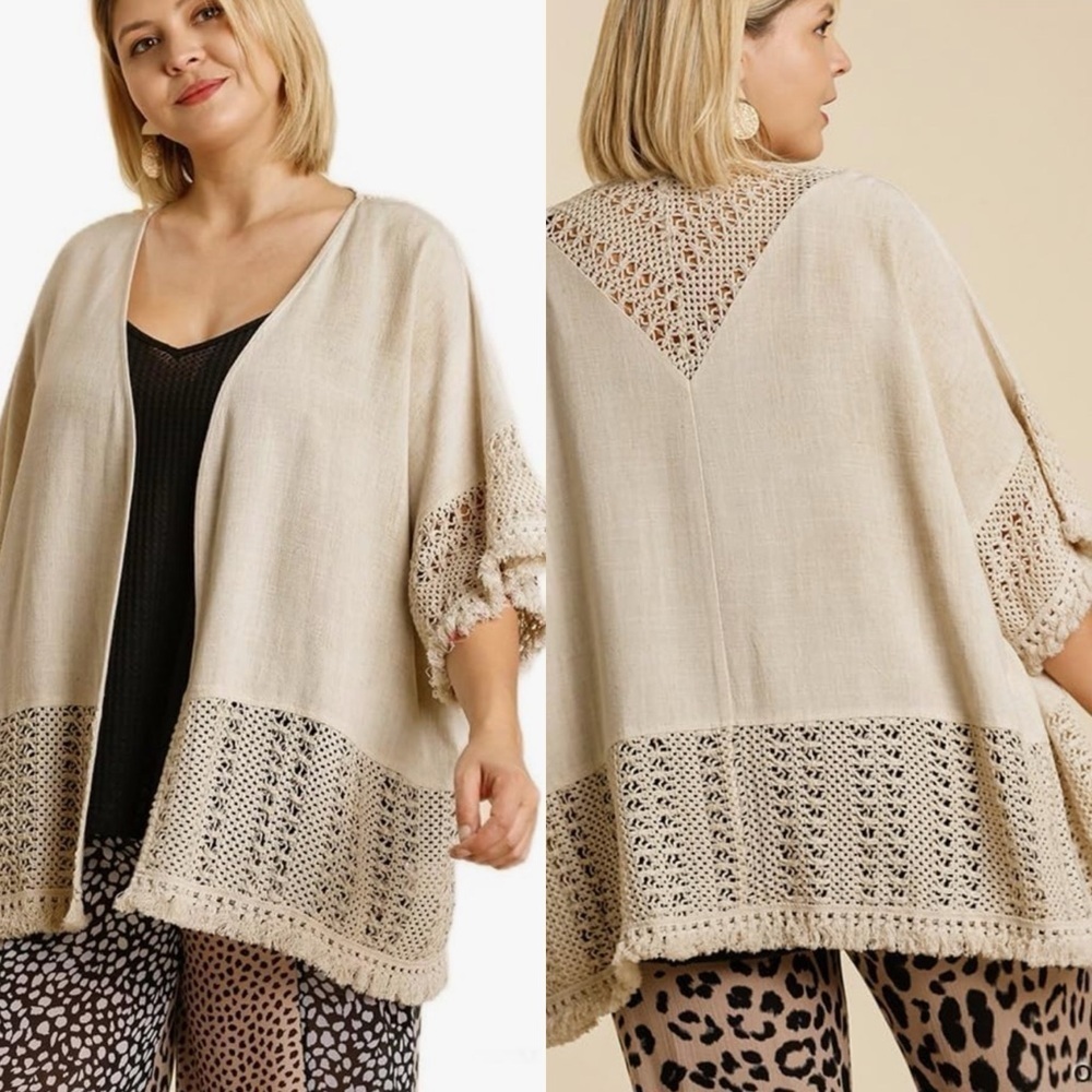 Umgee Linen Blend Crochet Detail Open Front Cardigan with Tassel Frayed Hem Sz S